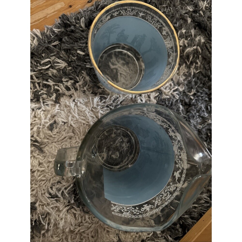 Jeannette Glass Hellenic Pitcher and bowl Gold Wedgewood Style Vintage Glassware - Picture 4 of 5